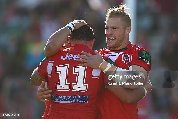 Tyson Frizell and Jack de Belin of the Dragons celebrate after a Dragons try during the round 10 NRL match between the St George Illawarra Dragons...