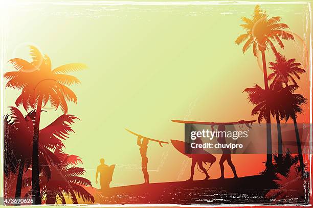 stockillustraties, clipart, cartoons en iconen met young people walking along the beach with a palm trees - surf stock illustrations