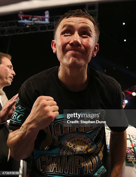 Gennady Golovkin celebrates after defeating Willie Monroe Jr. In their World Middleweight Championship fight at The Forum on May 16, 2015 in...