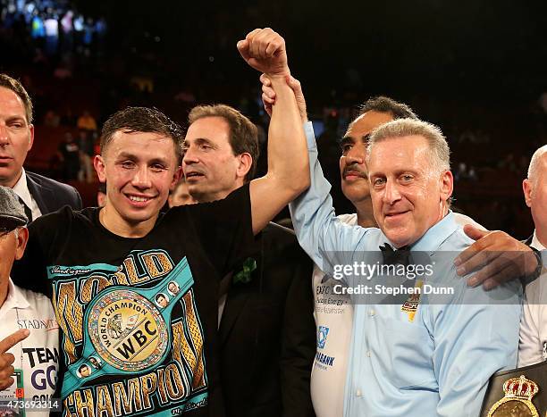 Gennady Golovkin has his hand held up by referee Jack Reiss after defeating Willie Monroe Jr. In their World Middleweight Championship fight at The...