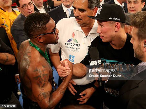 Gennady Golovkin greets Willie Monroe Jr. After their World Middleweight Championship fight at The Forum on May 16, 2015 in Inglewood, California....