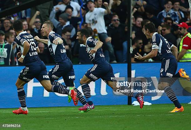 Besart Berisha of the Victory celebrates after scoring a goal during the 2015 A-League Grand Final match between the Melbourne Victory and Sydney FC...