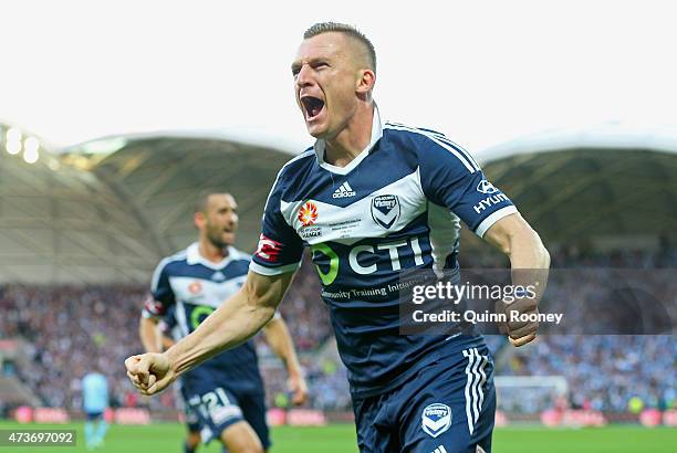 Besart Berisha of the Victory celebrates scoring a goal during the 2015 A-League Grand Final match between the Melbourne Victory and Sydney FC at...