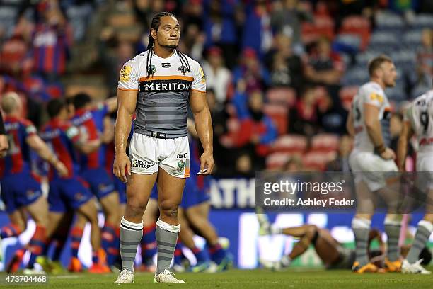 Martin Taupau of the Tigers looks dejected after losing the round 10 NRL match between the Newcastle Knights and the Wests Tigers at Hunter Stadium...