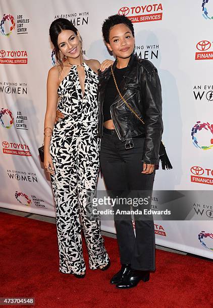 Actresses Victoria Justice and Kiersey Clemons arrive at An Evening With Women Benefiting The Los Angeles LGBT Center at the Hollywood Palladium on...