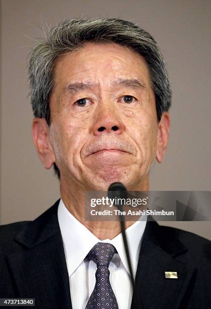 Toshiba Corp President Hisao Tanaka attends a press conference to set up a third party committee to investigate account probe at the company...