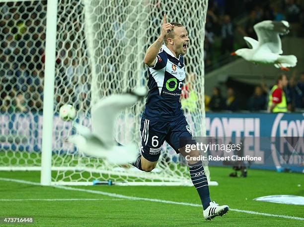 Leigh Broxham of the Victory celebrates after scoring a goal during the 2015 A-League Grand Final match between the Melbourne Victory and Sydney FC...