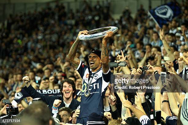 Archie Thompson of Melbourne thanks fans after a win during the 2015 A-League Grand Final match between the Melbourne Victory and Sydney FC at AAMI...