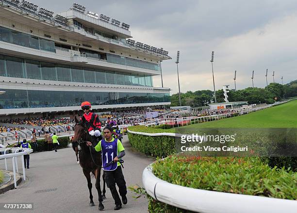 Joao Moreira riding Divided heads out onto the track before winning Race 4, on Singapore International Airlines Cup Day at Kranji Racecourse on May...