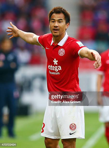 Shinji Okazaki of Mainz reacts during the Bundesliga match between 1. FSV Mainz 05 and 1. FC Koeln at Coface Arena on May 16, 2015 in Mainz, Germany.