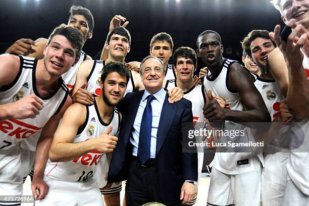 Florentino Perez, President of Real Madrid celebrates with Real Madrid Team in action during the Adidas Next Generation Tournament Final Game between...