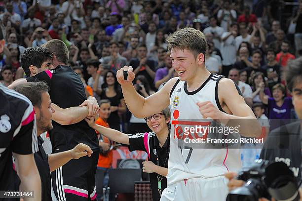 Luka Doncic, #17 of Real Madrid celebrates winning after the Adidas Next Generation Tournament Final Game between Real Madrid vs Crvena Zvezda at...
