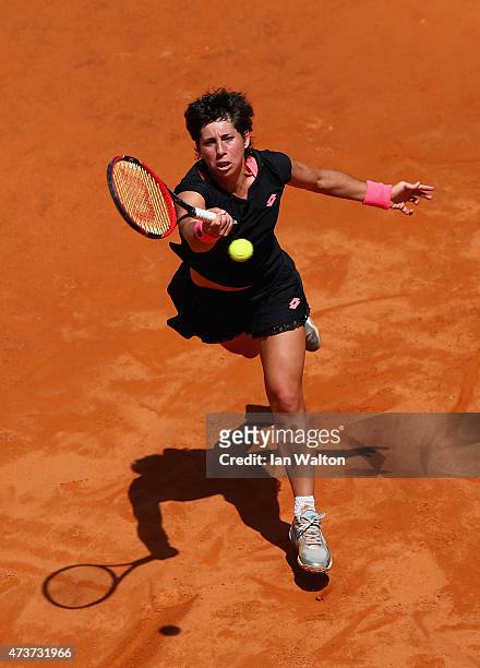 Carla Suarez Navarro of Spain in action against Maria Sharapova of Russia in the Women's Singles Final on Day Eight of The Internazionali BNL...