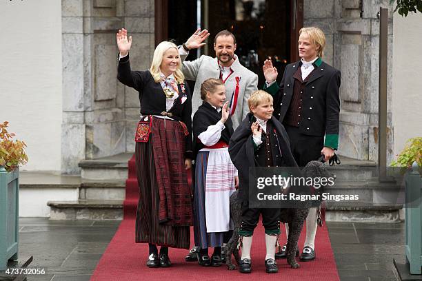 Crown Princess Mette-Marit, Crown Prince Haakon of Norway, Princess Ingrid Alexandra, Prince Sverre Magnus and Marius Hoiby celebrate the National...