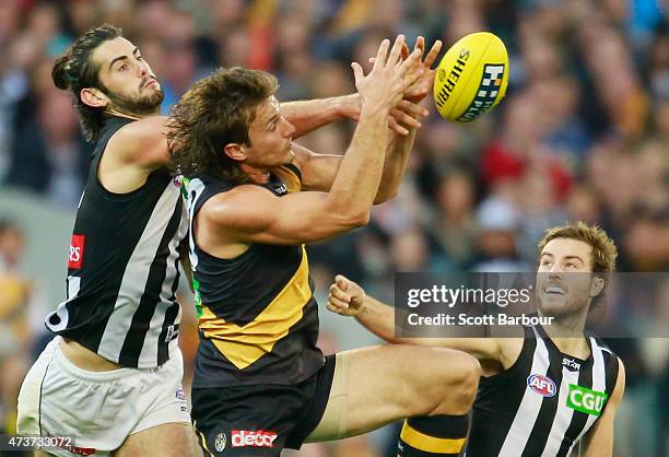 Ivan Maric of the Tigers and Brodie Grundy of the Magpies compete for the ball during the round seven AFL match between the Richmond Tigers and the...