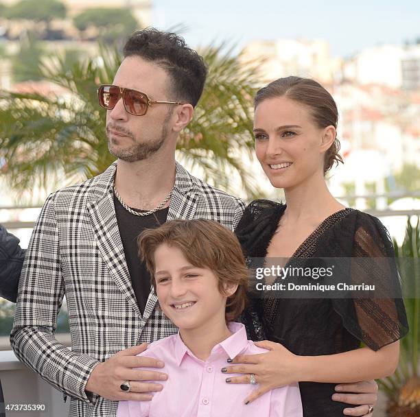 Actors Gilad Kahana, Amir Tessler and director Natalie Portman attend the "A Tale Of Love And Darkness" Photocall during the 68th annual Cannes Film...