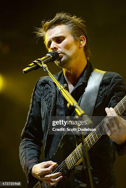 Singer Matthew Bellamy of Muse performs onstage at Irvine Meadows Amphitheatre on May 16, 2015 in Irvine, California.