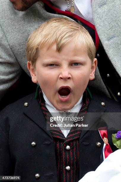 Prince Sverre Magnus of Norway attends the traditional morning children's parade, at his home, Skaugum, in Asker, near Oslo, on Norway's National...