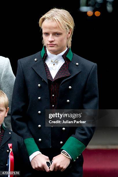 Crown Princess Mette-Marit of Norway's son, Marius Borg Hoiby attends the traditional morning children's parade, at their home, Skaugum, in Asker,...