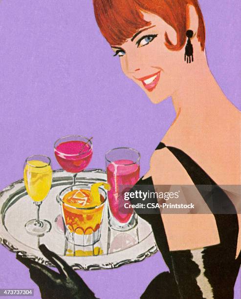 woman holding tray of drinks - ginger glasses stock illustrations