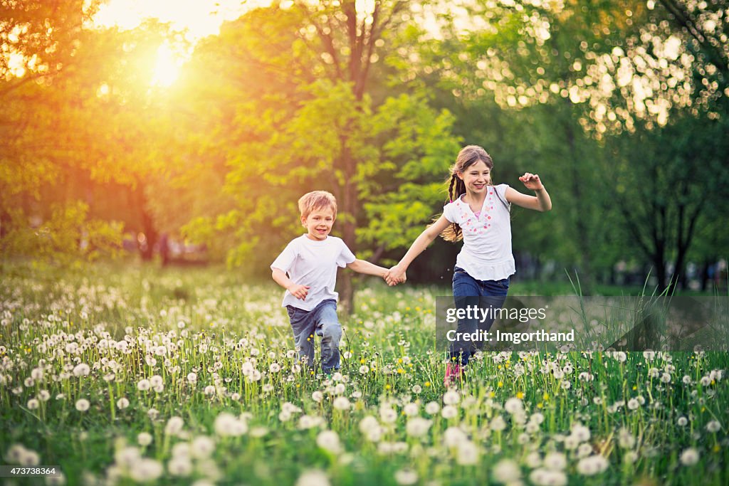 Brother and sister running in dandelion field.