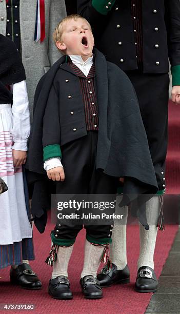 Prince Sverre Magnus of Norway attends the traditional morning children's parade, at his home, Skaugum, in Asker, near Oslo, on Norway's National...