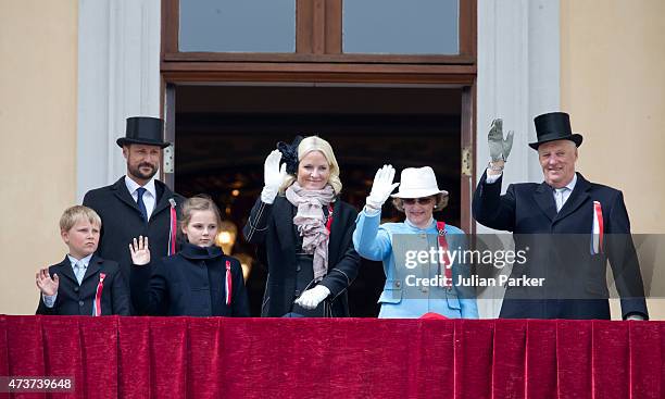 King Harald, and Queen Sonja of Norway with Crown Prince Haakon of Norway, and Crown Princess Mette-Marit of Norway, with Princess Ingrid Alexandra,...