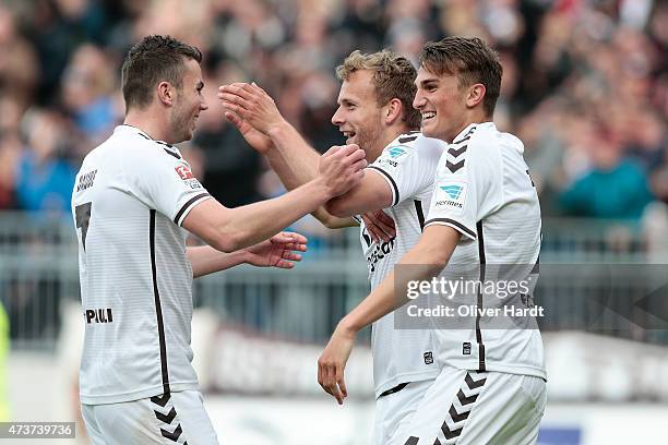 Lennart Thy of St. Pauli celebrates after scoring their second goal with his teammates during the Second Bundesliga match between FC St. Pauli and...