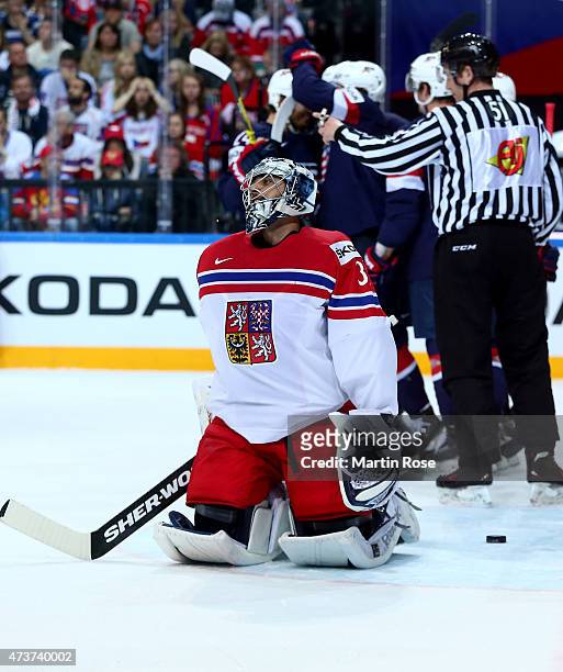Ondrej Pavelec, goaltender of Czech Republic reacts during the IIHF World Championship bronze medal match between Crech Republic and USA at O2 Arena...