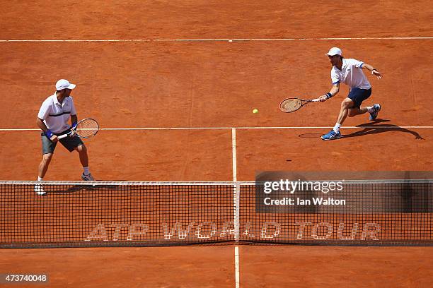 Pablo Cuevas of Argentina and David Marrero of Spain in action during their Men's Doubles Final match against Marcel Granollers and Marc López of...