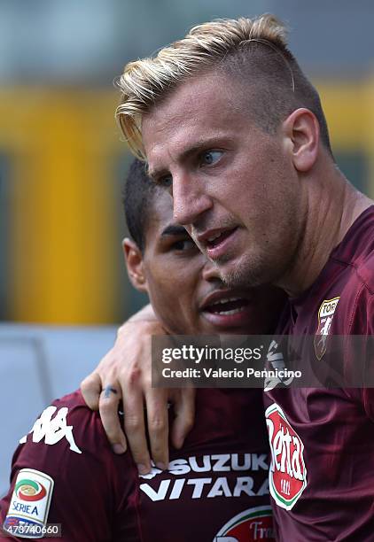 Maxi Lopez of Torino FC celebrates scoring his second goal with team mate Josef Alexander Martinez during the Serie A match between Torino FC and AC...