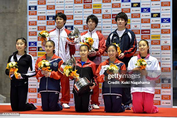 Yusuke Tanaka, Kohei Uchimura and Ryohei Kato Aiko Sugihara,Natsumi Sasada,Asuka Teramoto,Sakura Yumoto and Yuki Uchiyama pose for a photograph...