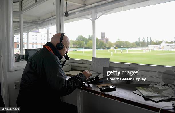 Cricket commentator Kevin Howells reports from the commentary box during day four of the tour match between Worcestershire and New Zealand at New...