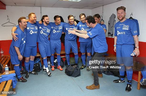 Jason King, guest player, Charlie Quirke, Mark Wright, Jamie Reed, Paul Sculfor, Daniel Mayes, Jake Hall and Mickey Dumoulin in the dressing room at...