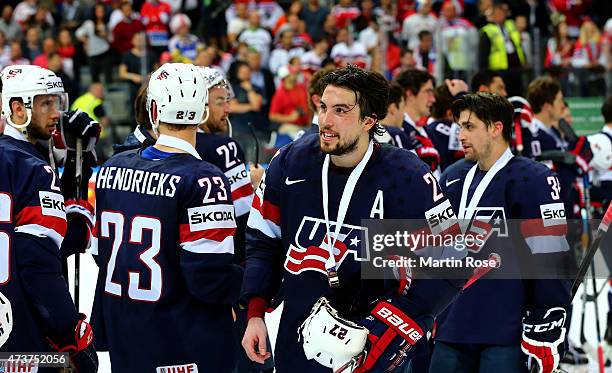 Justin Faulk of USA celebrate victory after the IIHF World Championship bronze medal match between Crech Republic and USA at O2 Arena on May 17, 2015...