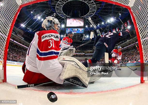 Trevor Lewis of USA celebrates after scoring his team's second goal past goaltender Ondrej Pavelec of Czech Republic during the 2015 IIHF Ice Hockey...