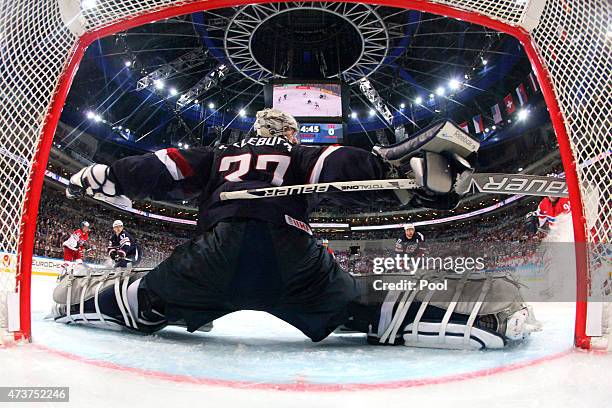 Goaltender Connor Hellebuyck of USA makes a save during the 2015 IIHF Ice Hockey World Championship bronze medal game between Czech Republic and USA...