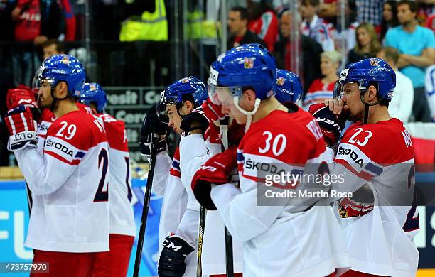 Team members of Czech Republic look dejected after the IIHF World Championship bronze medal match between Crech Republic and USA at O2 Arena on May...