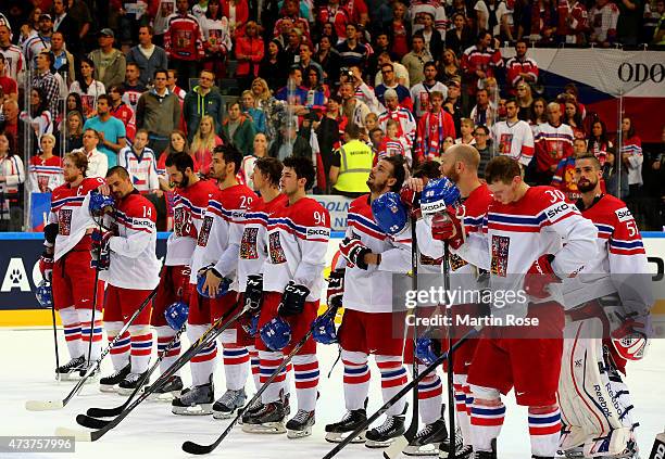 Team members of Czech Republic look dejected after the IIHF World Championship bronze medal match between Crech Republic and USA at O2 Arena on May...