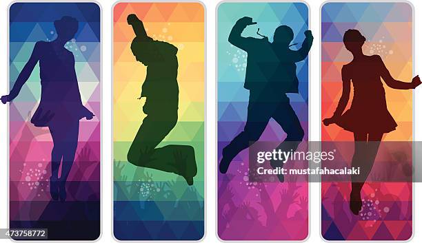 stockillustraties, clipart, cartoons en iconen met dancing teenagers on colourful mosaic placards - nightclub