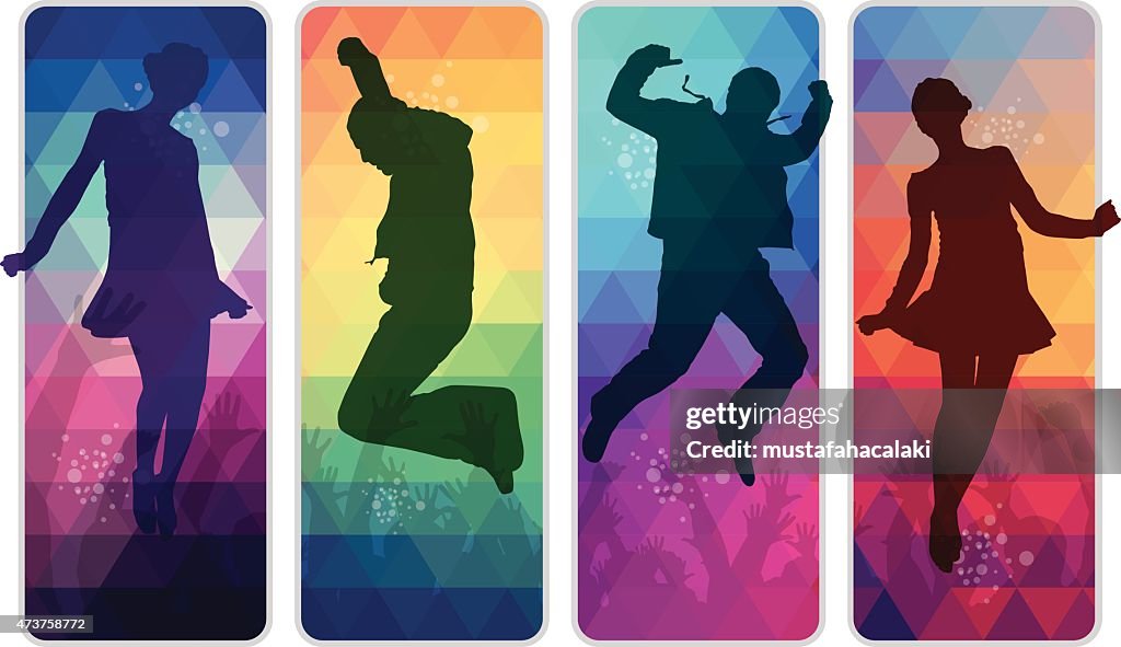Dancing teenagers on colourful mosaic placards