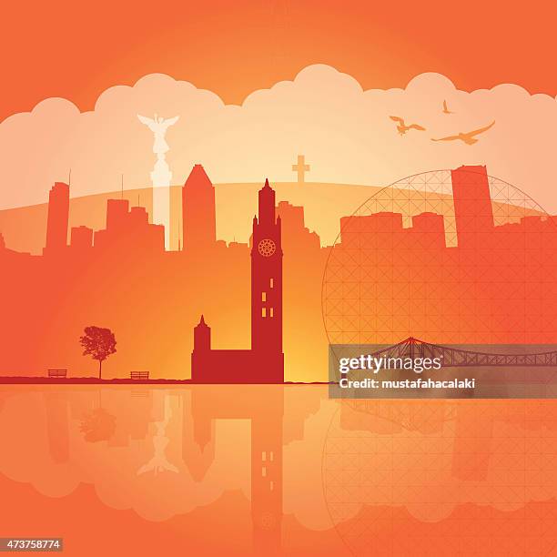 montreal sunset with city silhouettes - clock tower stock illustrations