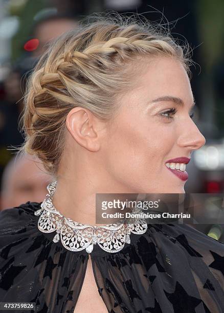 Jury member Sienna Miller, hair detail, attends the "Carol" Premiere during the 68th annual Cannes Film Festival on May 17, 2015 in Cannes, France.