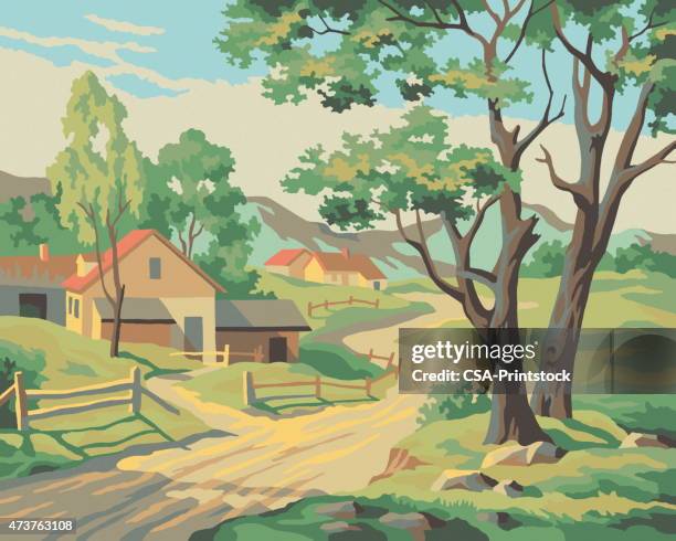 countryside road paint by number - barn stock illustrations