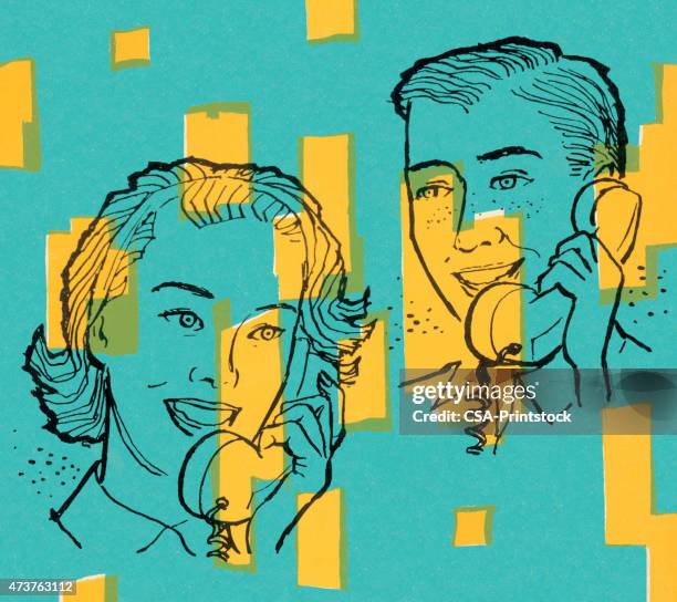 man and woman on telephone - two teenagers talking stock illustrations