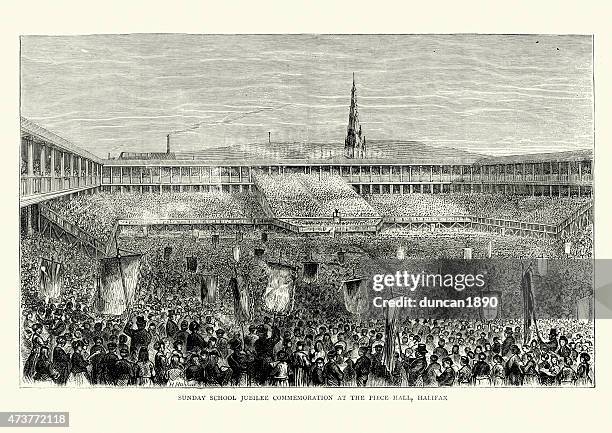 piece hall, halifax - sunday school jubilee commemoration 1871 - halifax stock illustrations