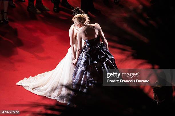 Rooney Mara and Cate Blanchett attend the Premiere of "Carol" during the 68th annual Cannes Film Festival on May 17, 2015 in Cannes, France.