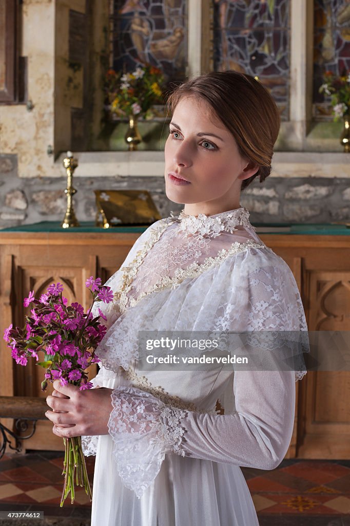 Beautiful Blushing Bride Waiting In Church