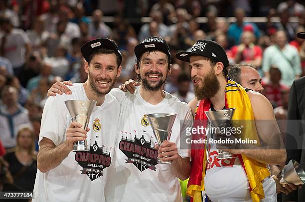 Rudy Fernandez, #5 of Real Madrid; Sergio Llull, #23 and Sergio Rodriguez, #13 celebrates during the Turkish Airlines Euroleague Final Four Madrid...