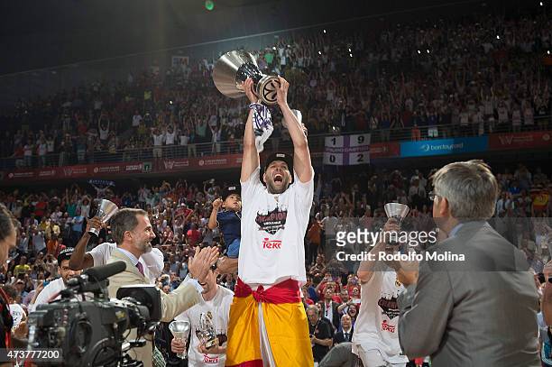 Felipe Reyes, #9 of Real Madrid celebrates during the Turkish Airlines Euroleague Final Four Madrid 2015 Champion Trophy Ceremony at Barclaycard...